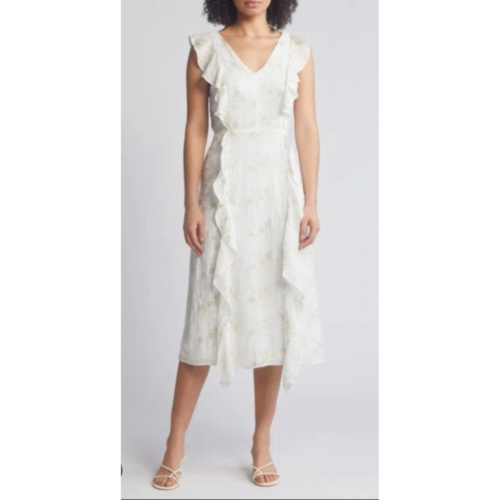 New 16 JULIA JORDAN Ruffle Flutter Sleeve Eyelet Dress Ivory Gold NWT Womens